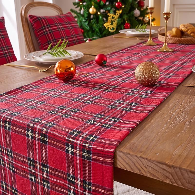 Red Buffalo Plaid Christmas Table Runner 72 Inch – Washable Woven Cotton-Blend