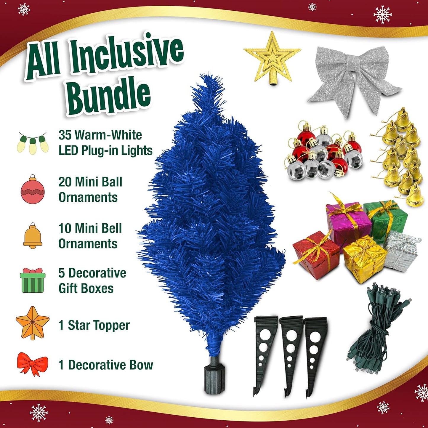 Small Blue Christmas Tree with Lights - 23-Inch Mini Tabletop Tree with Warm-White LEDs & Ornaments