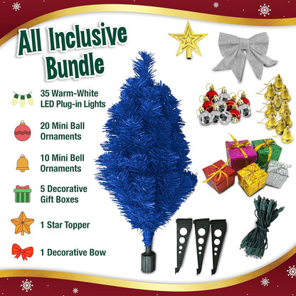 Small Blue Christmas Tree with Lights - 23-Inch Mini Tabletop Tree with Warm-White LEDs & Ornaments