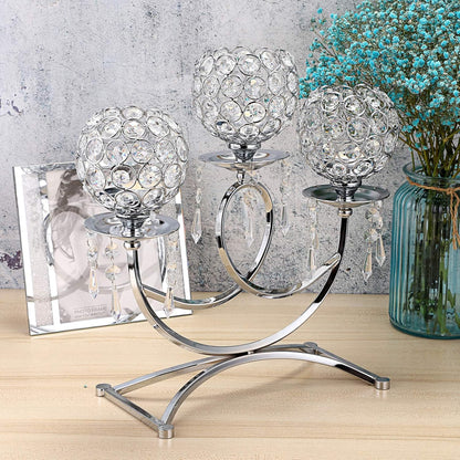 OwnMy Crystal Candle Holders - Elegant 3-Arms Tealight Candelabra for Weddings & Home Decor | Silver