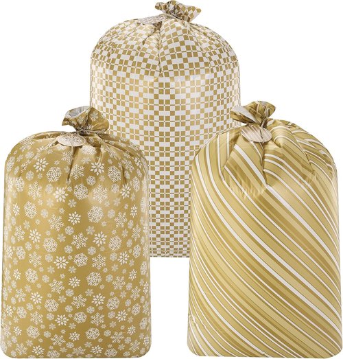 JOYIN Jumbo Gift Bags - 3 Pack 56”x36” Gold Holiday Plastic Bags for Christmas & Large Toys
