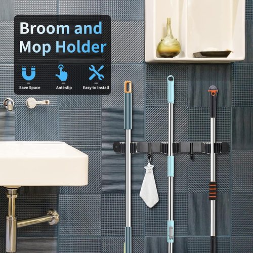 Huryfox Heavy-Duty Stainless Steel Broom Holder - Adjustable Wall Mount for 1-4 cm Diameter, Black | 3 Racks & 2 Hooks