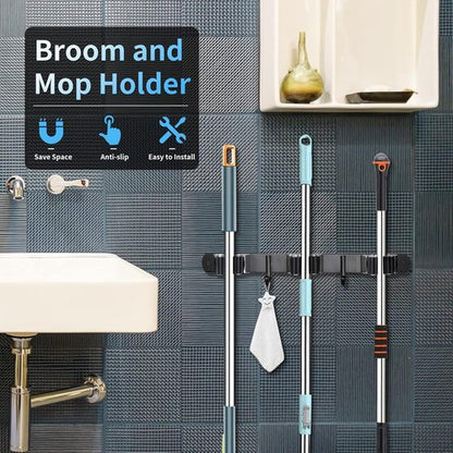 Huryfox Heavy-Duty Stainless Steel Broom Holder - Adjustable Wall Mount for 1-4 cm Diameter, Black | 3 Racks & 2 Hooks