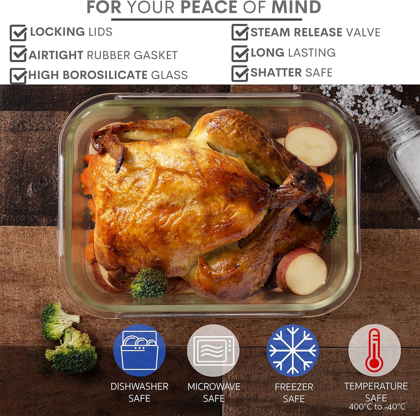 Razab Glass Food Storage Containers - 10 Cups/80 Oz, 4-Piece Set with Airtight Locking Lids | BPA-Free, Leak-Proof, Microwave & Oven Safe