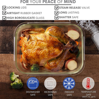 Razab Glass Food Storage Containers - 10 Cups/80 Oz, 4-Piece Set with Airtight Locking Lids | BPA-Free, Leak-Proof, Microwave & Oven Safe