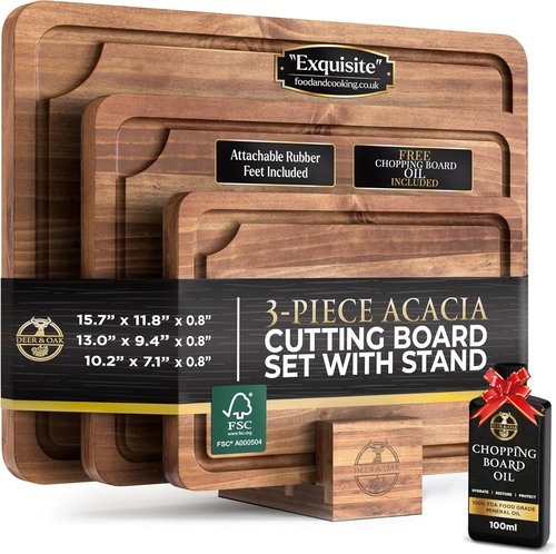 Acacia Cutting Board Set by [Brand Name] - Pre-Oiled & Non-Toxic | 3 FSC Certified Wooden Boards with Oil