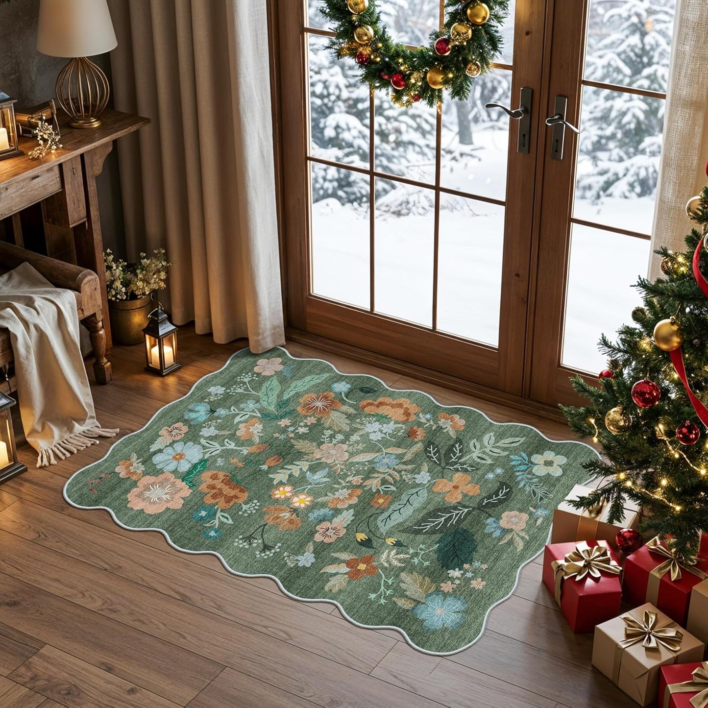 Skiennix Washable Floral Area Rug - Soft Non-Slip Carpet for Entryway & Kitchen | 2x3 Green Design
