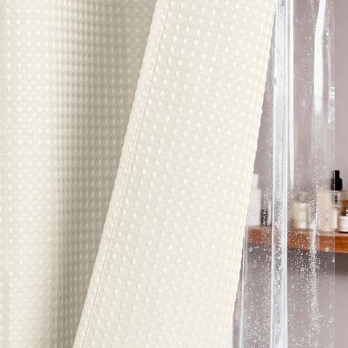 Dynamene Ivory Shower Curtain and Liner Set, Waffle Weave Fabric, Waterproof Clear Liner, 256GSM Heavy Duty Weighted Hotel Luxury Cloth Shower Curtains for Bathroom with 12 Plastic Hooks, 72Wx72H