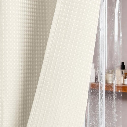 Dynamene Long Shower Curtain and Liner Set - 78 inch Tall Waffle Fabric, Waterproof Clear Liner, Heavy Duty Weighted Hotel Luxury Cloth Shower Curtains for Bathroom with 12 Hooks, 72x78, Ivory
