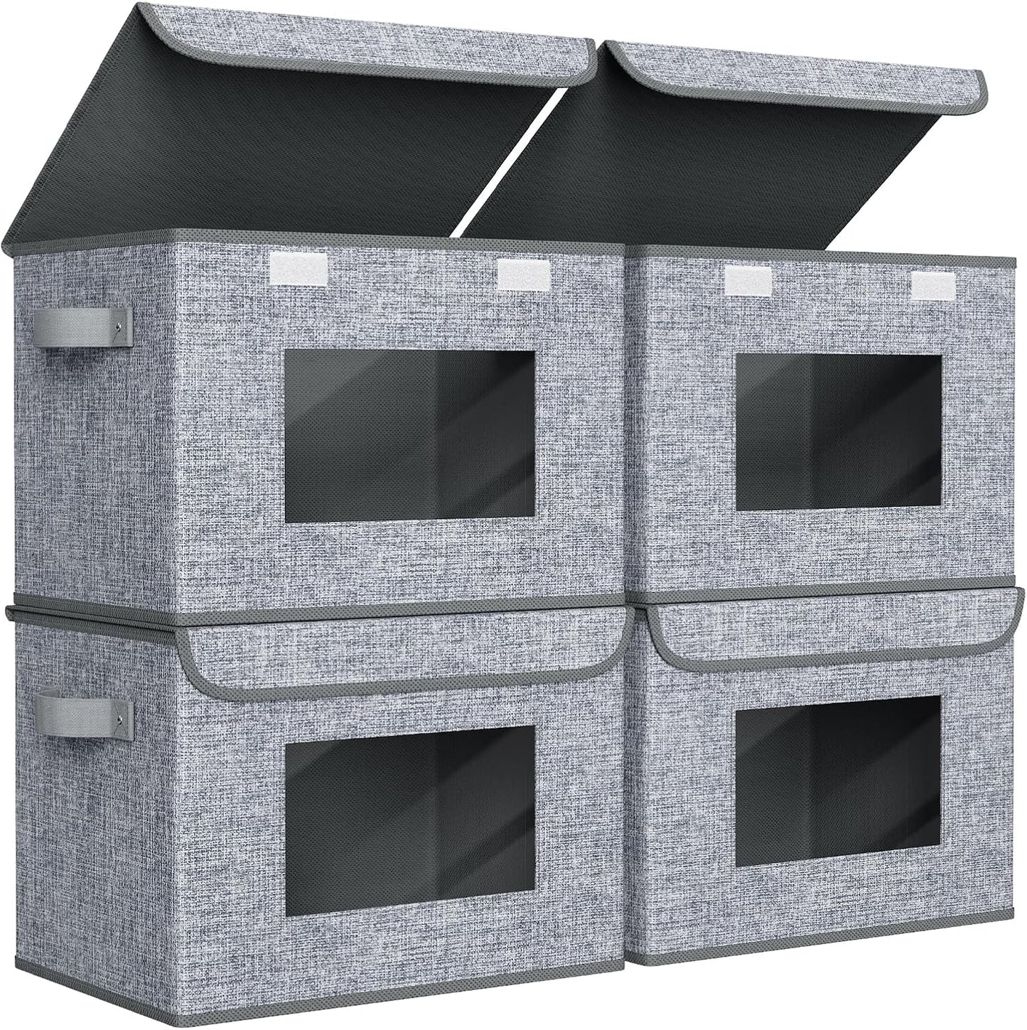 Univivi Foldable Storage Boxes - Large Collapsible Bins with Lids | 4-Pack Grey Organizers (17" x 12" x 12")