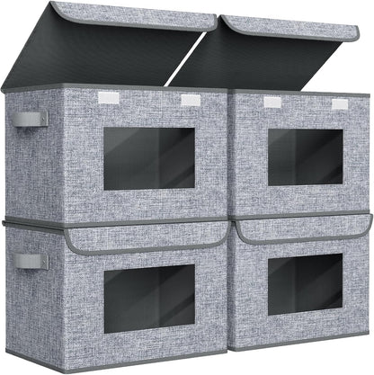 Univivi Foldable Storage Boxes - Large Collapsible Bins with Lids | 4-Pack Grey Organizers (17" x 12" x 12")