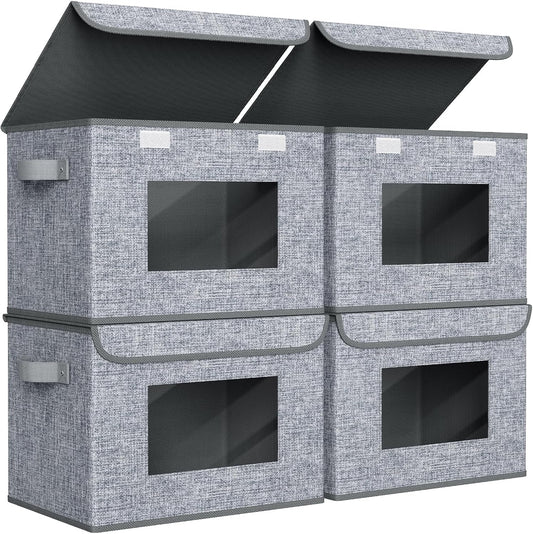 Univivi Foldable Storage Boxes - Large Collapsible Bins with Lids | 4-Pack Grey Organizers (17" x 12" x 12")