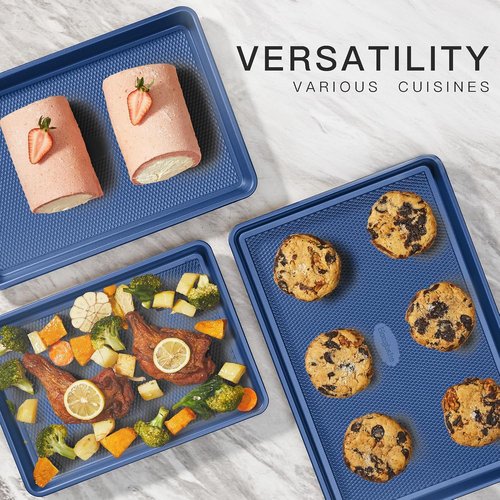 HONGBAKE Baking Sheet Pan Set - Nonstick Cookie Sheets with Diamond Texture | Heavy Duty Dark Blue