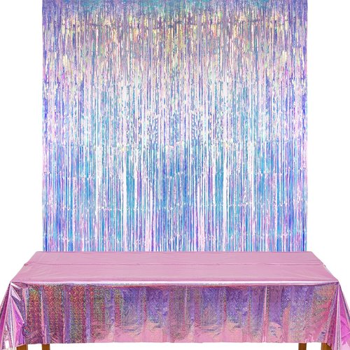 GREATRIL Iridescent Foil Fringe Curtains - 2 Pack with Pink Party Table Cloths for Stunning Backdrop Decor