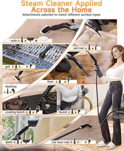 Gautye Steam Cleaner - Handheld Steamer with 3-Level Adjustable Handle & 18 Accessories | 2.11 Qt Tank