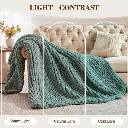 Carriediosa Chunky Knit Throw Blanket 50" X 60", 100% Hand Made Large Chenille Loop Yarn Soft Fluffy Throws for Couch Sofa Bed, Big Crochet Cozy Heavy Thick Cable Woven Blanket, Sage Green
