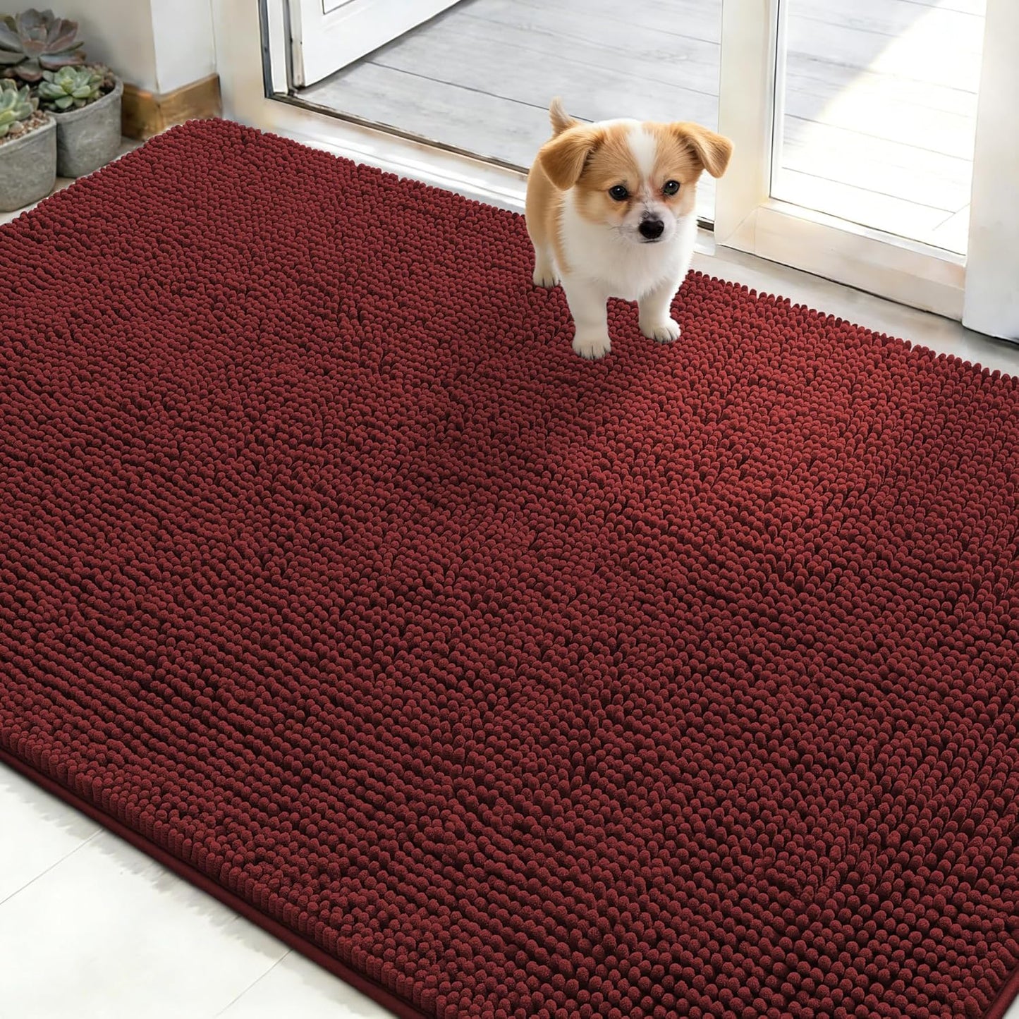 OLANLY Dog Door Mat - Absorbent Non-Slip Washable Doormat for Muddy Paws | 50x30, Quick Dry Chenille, Caramel Russet