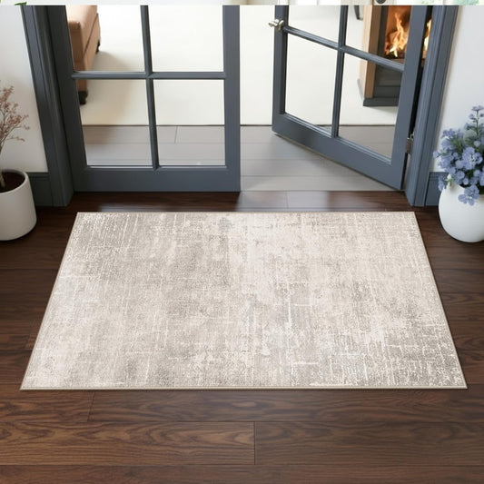 Skiennix Washable Area Rug - Abstract Water-Resistant Non-Slip Doormat | Ultra Soft 2x4 Beige/Cream