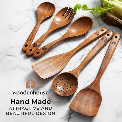Skiennix Wooden Cooking Spoons Set - 6 Pcs Teak Wood Utensils with Comfortable Grip & Non-Stick Design