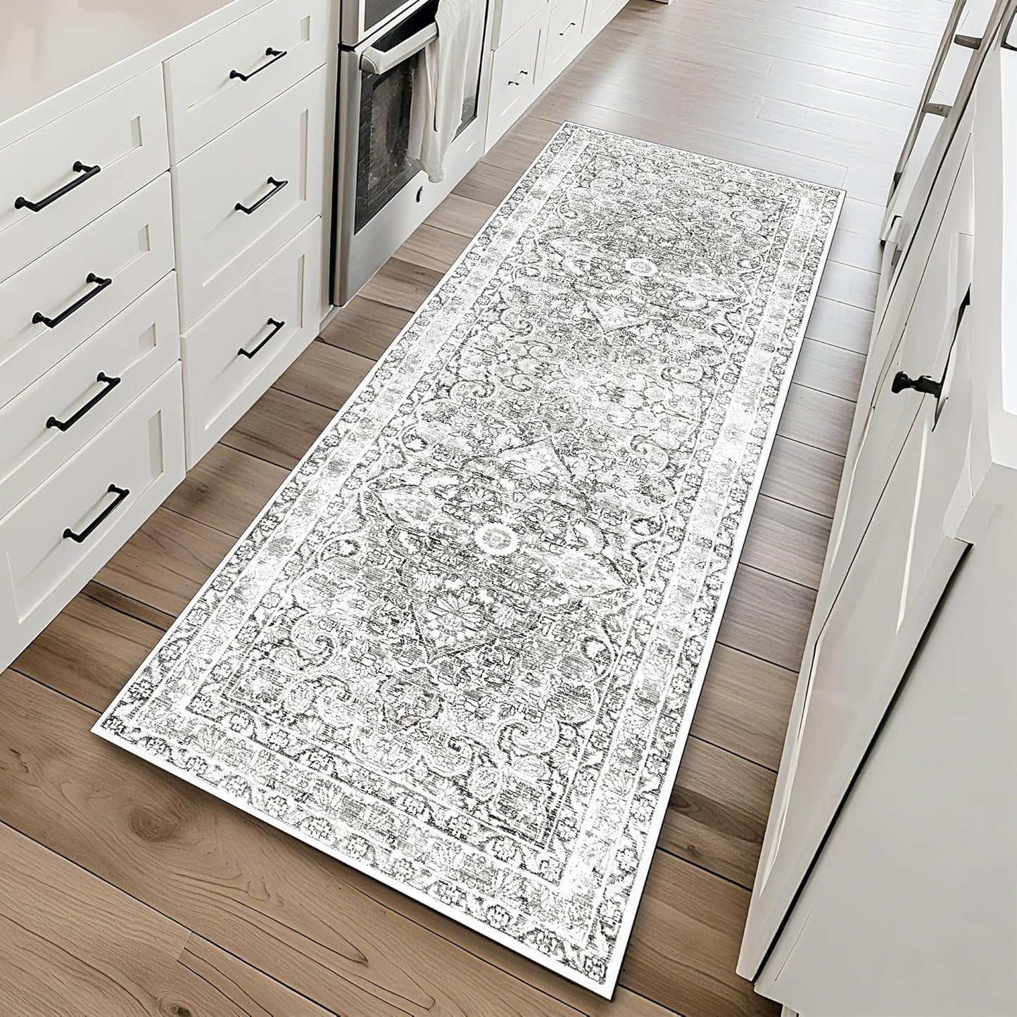 Skiennix Vintage Washable Runner Rug - Soft Non-Slip Farmhouse Mat for Hallway & Kitchen | Gray 2x6 ft