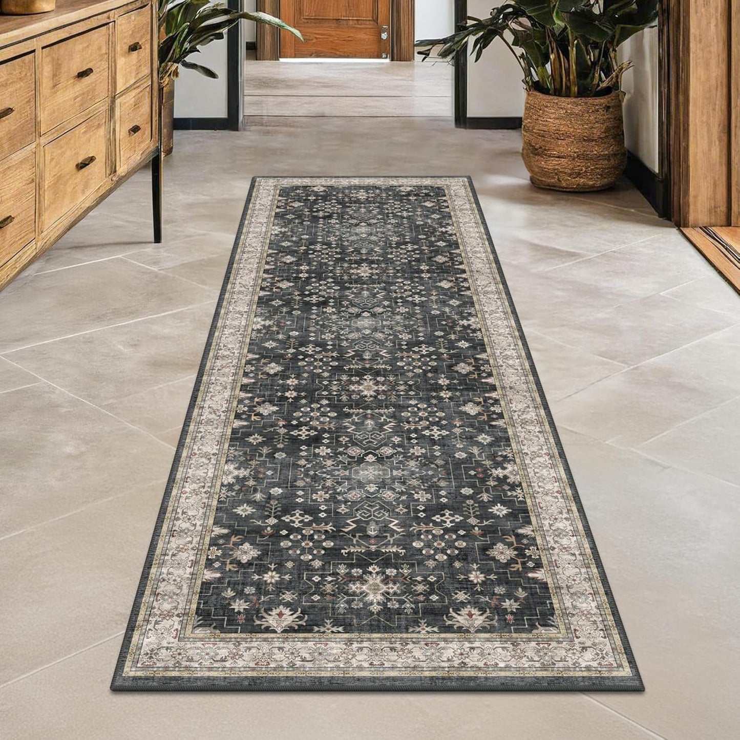 Skiennix Black Boho Runner Rug - Washable, Non-Slip, Stain Resistant | 2x6 ft for Hallway, Kitchen, Bedroom