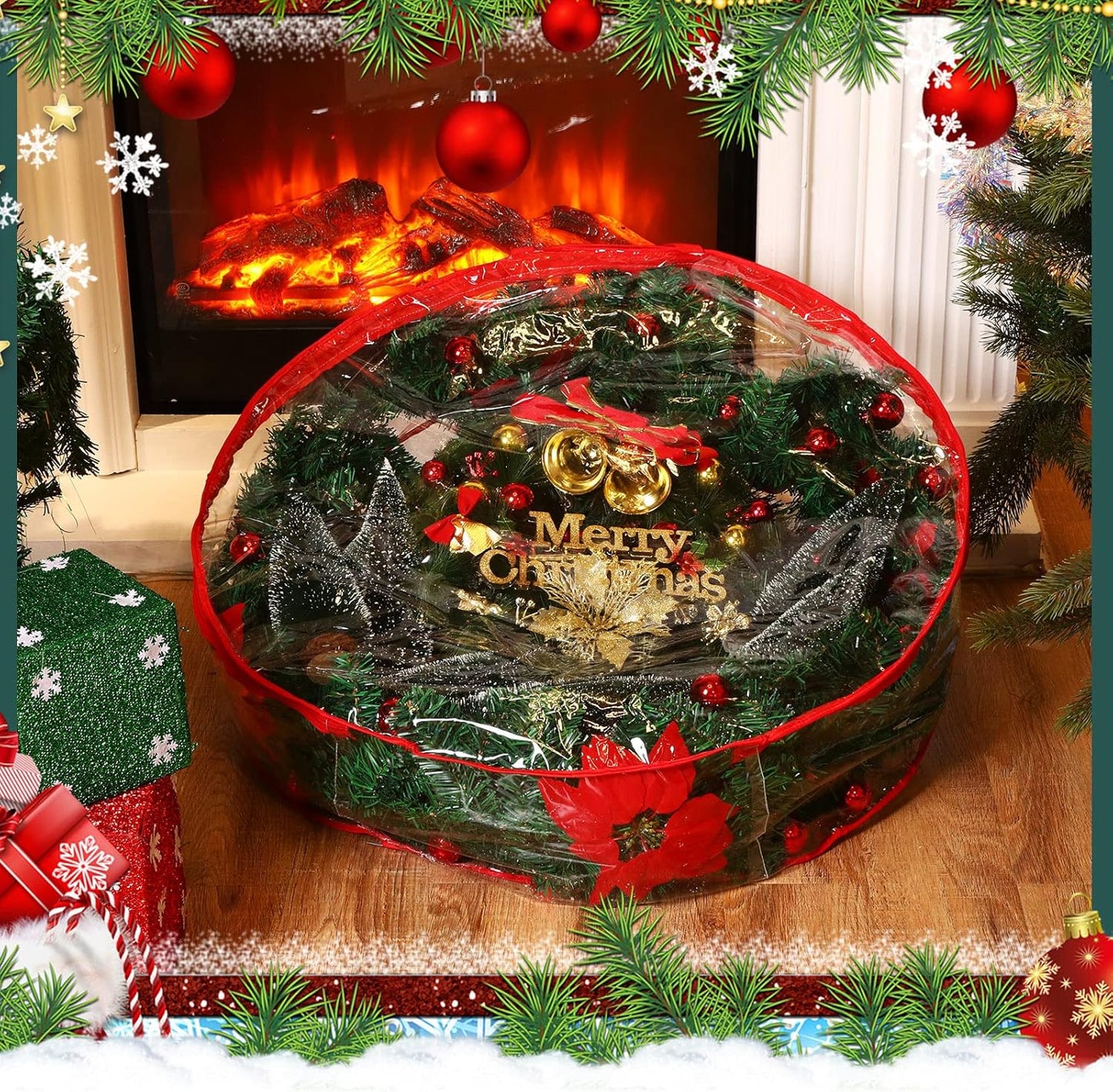 Shappy Clear Christmas Wreath Storage Container - 24 Inch Xmas Wreath Bag with Dual Zippers & Reinforced Handles | Red