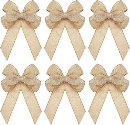Xinnun Christmas Burlap Bows - Handmade Rustic Ribbon Ornaments for Tree & Wreath Decor | 6 Pcs Beige