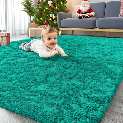 OLANLY Area Rug - Soft Fluffy Shaggy Design | Machine Washable 4x5.9 ft Teal Green Carpet for Kids & Nursery