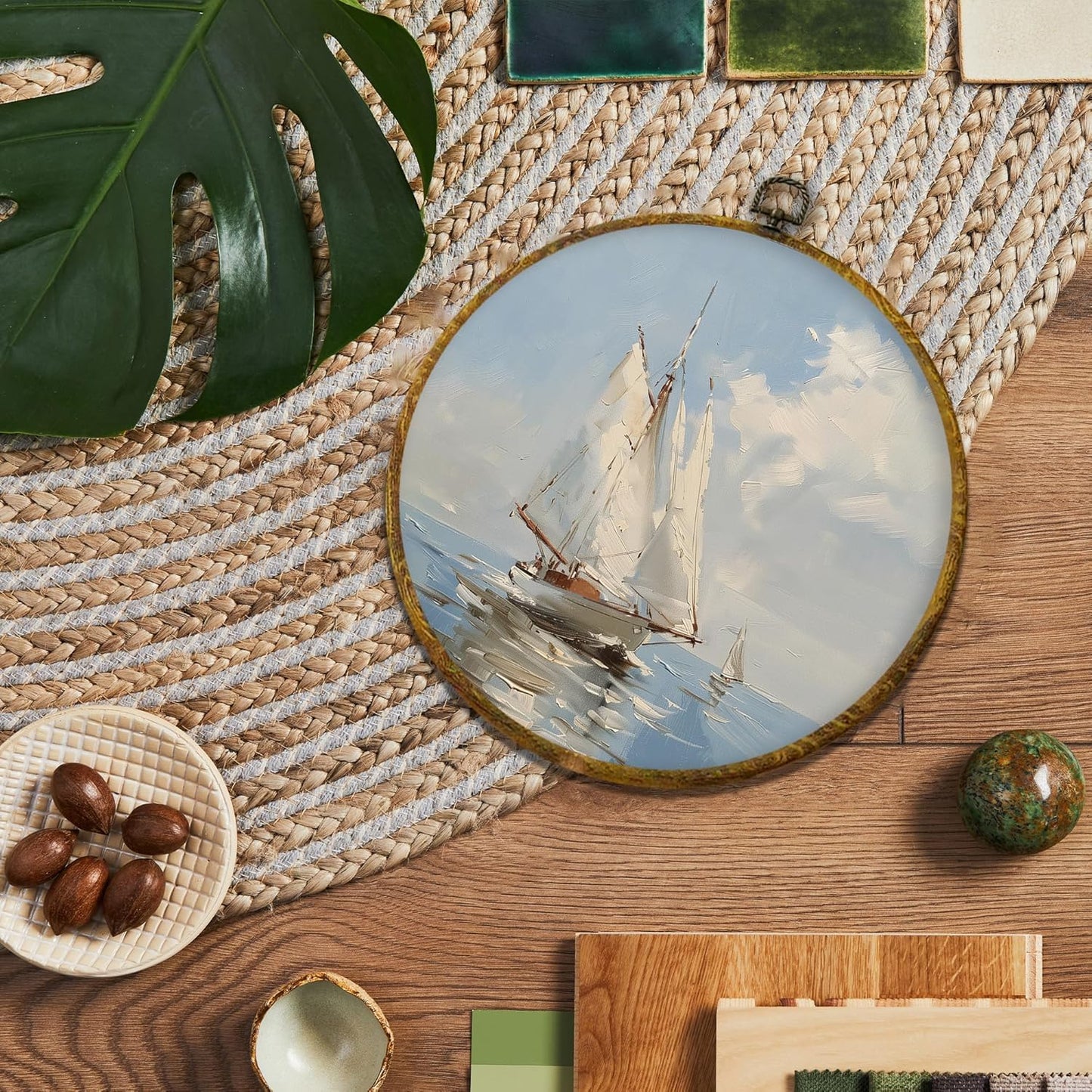 Shiviody Coastal Sailboats Canvas Wall Art - Nautical Ocean Decor for Beach House | 10"x10" Round Prints