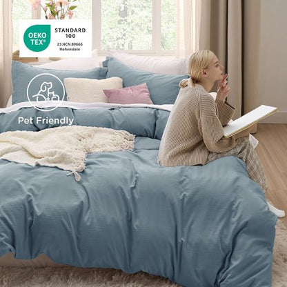 Bedsure Oversized King Duvet Cover Set - Extra Soft Prewashed Cotton-Like Polyester, Mineral Blue | 3 Pieces with Zipper Closure