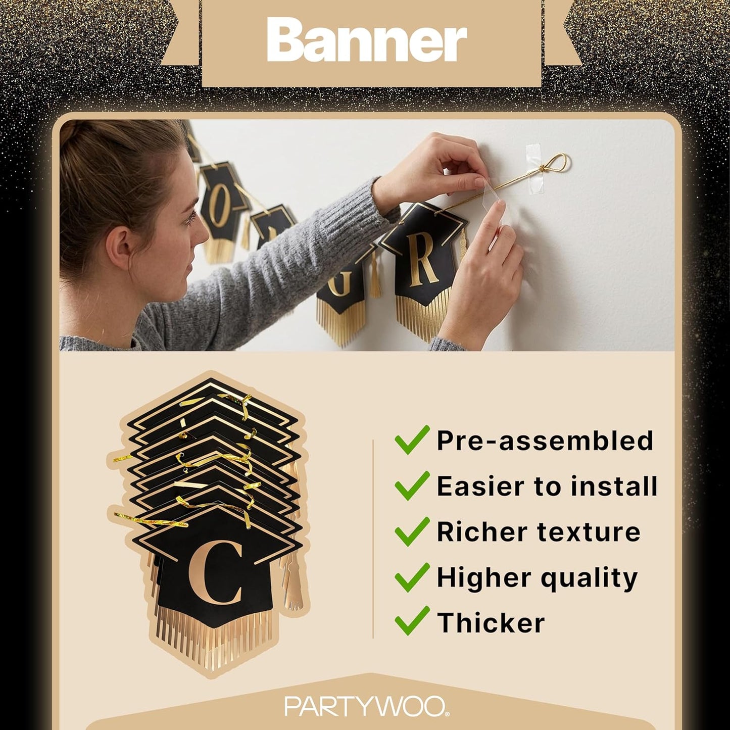PartyWoo Graduation Decorations - Class of 2026 Black & Gold Banner Set for College & High School Parties | 2-Piece