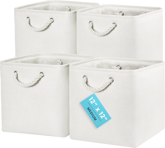 OrganiHaus 12x12 Cube Storage Bins - Foldable Fabric Organizers with Rope Handles | 4-Pack Off-White
