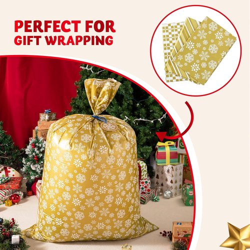 JOYIN Jumbo Gift Bags - 3 Pack 56”x36” Gold Holiday Plastic Bags for Christmas & Large Toys