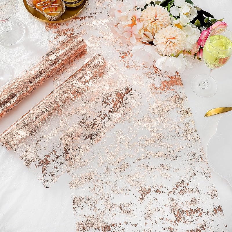 Rose Gold Table Runner Set 3 Pcs 11 x 84 Inch Mesh Sequin Distinctive Elegant