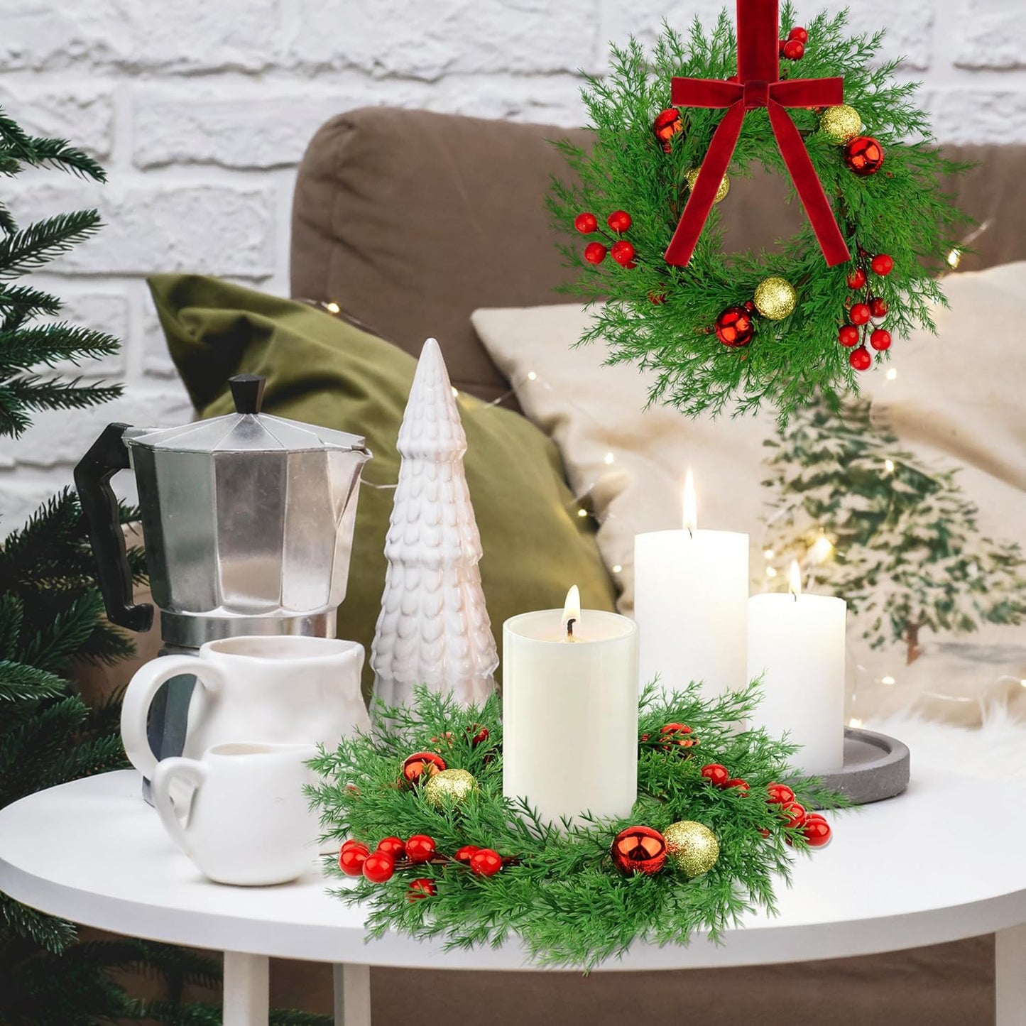 Regine Switzerland Christmas Candle Rings - 6 Pcs Mini Wreaths with Xmas Balls & Red Berries for Holiday Decor