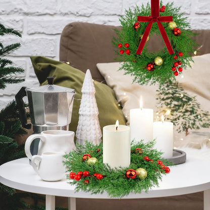 Regine Switzerland Christmas Candle Rings - 6 Pcs Mini Wreaths with Xmas Balls & Red Berries for Holiday Decor