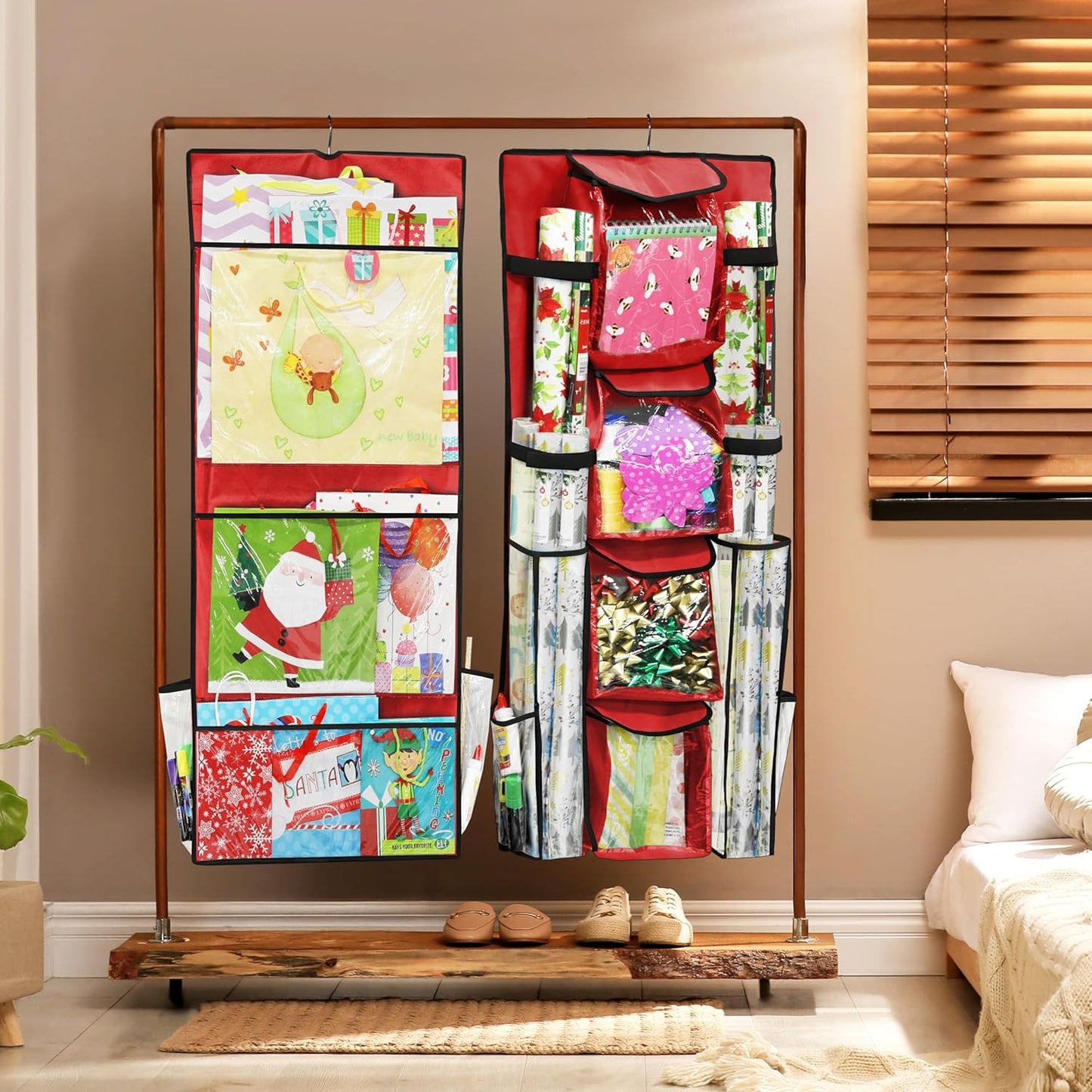 Simple Houseware Double-Sided Gift Wrap Organizer - Red Storage Pockets (Set of 1)