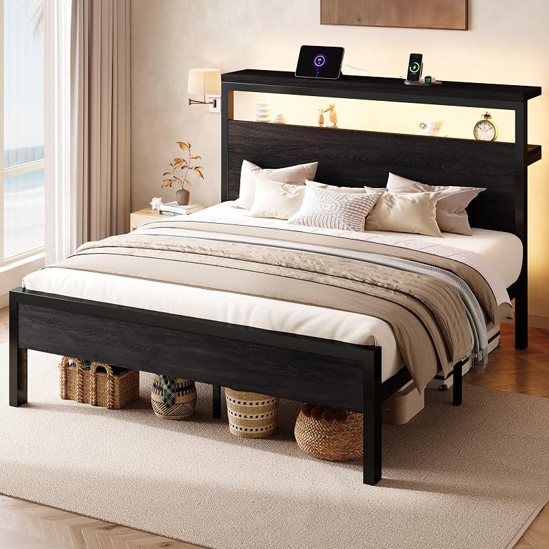 SHA CERLIN Full Bed Frame with 2-Tier LED Headboard & USB-C Charging, Black Oak