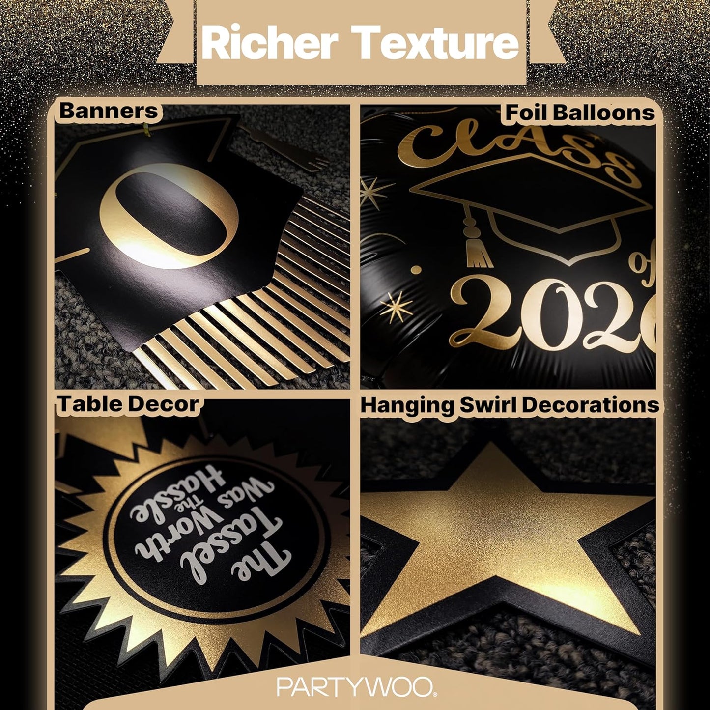 PartyWoo Graduation Decorations - Class of 2026 Black & Gold 19-Piece Set with Banner & Balloons