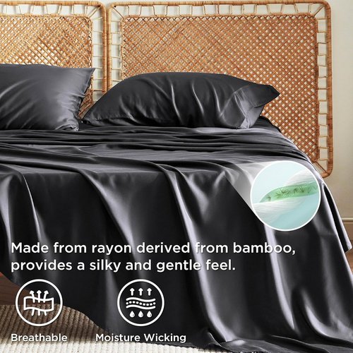 Bedsure Queen Cooling Sheet Set - Soft & Breathable Rayon from Bamboo | Deep Pocket Up to 16" - Black
