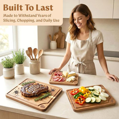 Acacia Wood Cutting Boards Set by [Brand Name] - Beeswax Finished, Non-Toxic, Juice Groove, Non-Slip Feet | 3-Piece Charcuterie Set