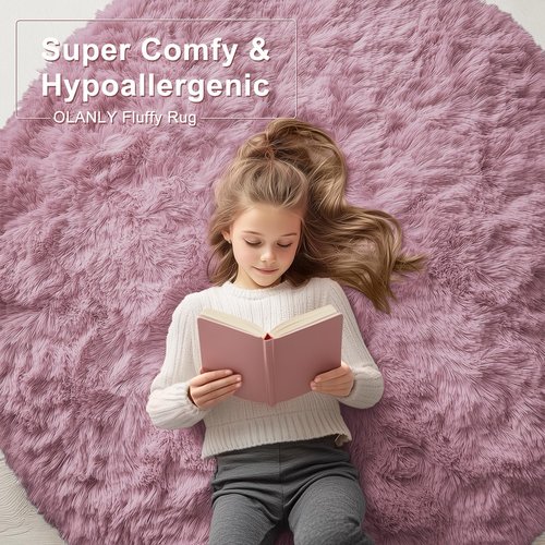 OLANLY Blush Round Rugs for Bedroom - Machine Washable, 2 ft Circle Area Rugs for Living Room, Soft and Fluffy Shaggy Carpet for Teen Girls and Boys, Nursery Rooms, Dorms, Home Decor Aesthetic