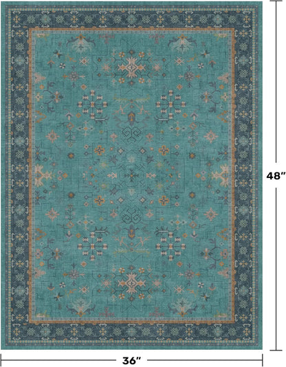 Skiennix Teal Area Rug - Washable Non-Skid Design for Entryway, Kitchen, Bathroom | Boho Geometric 3x4 ft