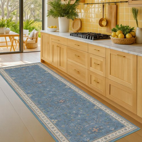 Hazo Haus Boho 2x6 Non Slip Kitchen Rug Runner - Light Blue Washable Rug for Bathroom, Laundry Room, Hallway, Non Slip with Rubber Backing, Floral Eclectic Unique Runner Décor