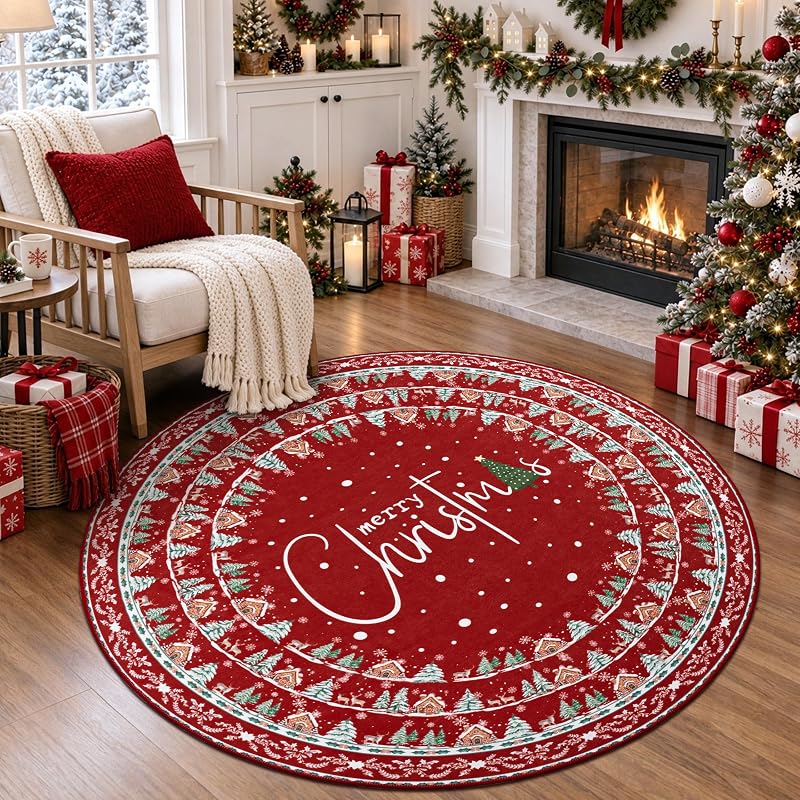 Round Christmas Area Rug 5ft - Washable Non Slip Indoor Circle Carpet, Variation: Christmas Words+5'