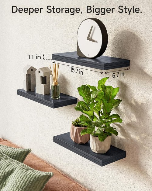 BAYKA Floating Wall Shelves - Rustic Wood Design for Bathroom, Bedroom & Living Room | 15.7in, Black, Set of 3