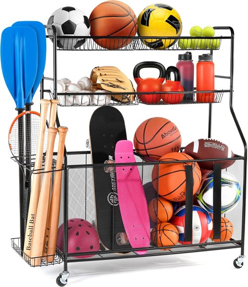 HOME IT Garage Sports Equipment Organizer - Heavy-Duty Ball Storage Rack with Rolling Wheels & Baskets | Large Capacity