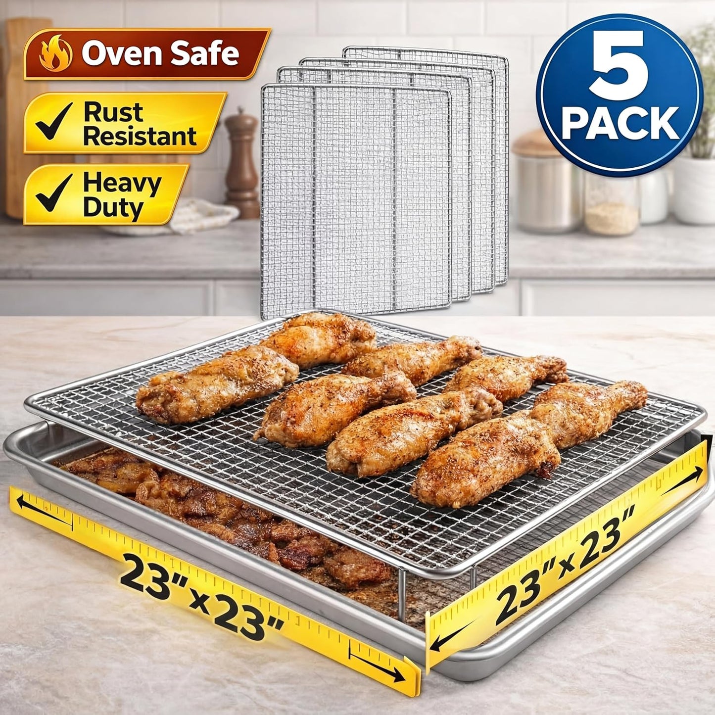 Yaocom 5 Pack Stainless Steel Bakery Screens - Heavy Duty 23 x 23 Inch Cooling Grids for Donuts & Pastries