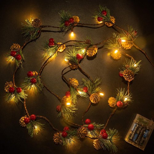 FUNPENY Christmas Pinecone String Lights - 20 LED Fall Garland with Red Berries | 6.56Ft Indoor/Outdoor Decor