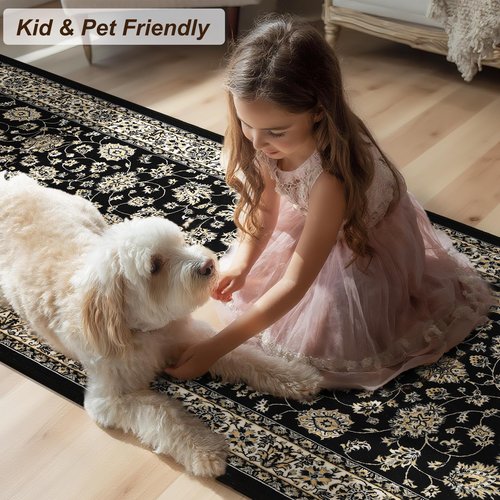 XWZO Runner Rug 2x6ft, Washable Hallway Runner with Non-Slip Backing, Spill Stain Resistant Floor Mat for Entryway Corridor Bedroom Kitchen Farmhouse, Soft Low-Pile Area Carpet, Black